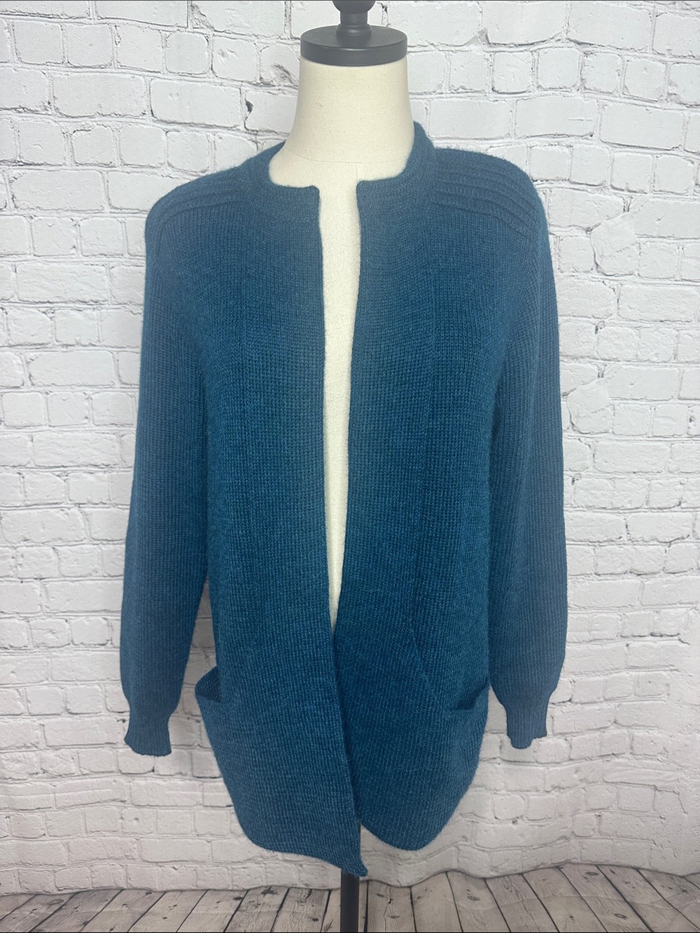 Peruvian Link Alpaca Long Open Cardigan Teal Blue Pockets One Size Peru